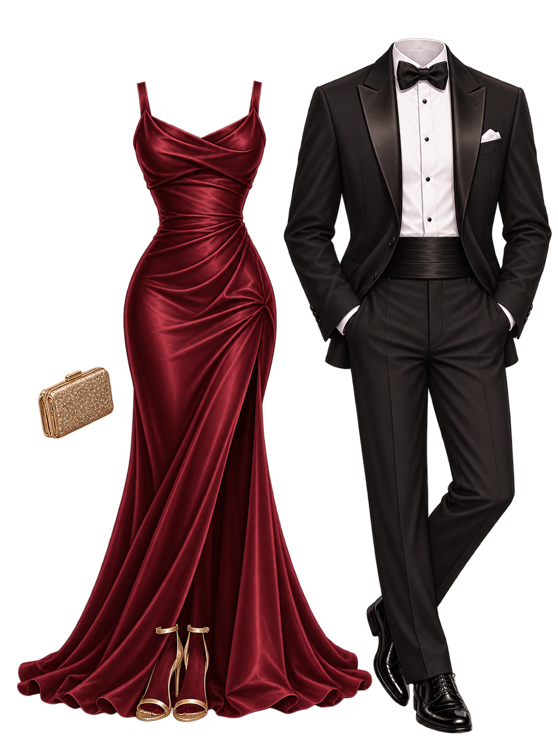 Formal burgundy evening gown paired with black tuxedo